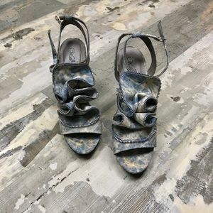 Denim ruffle heels